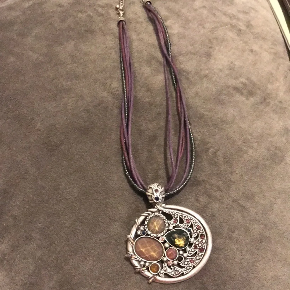 Boho Silver Statement Pendant Necklace Multi-Strand Purple Cord Earth Tones - Picture 3 of 6
